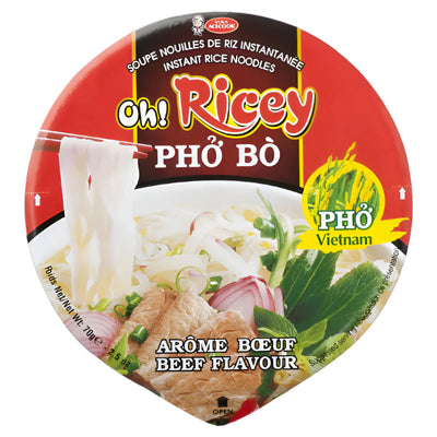 Acecook Oh! Ricey Pho Noodles Beef Flavor, 71 grams Bowl Style, top view, Vietnamese | SouthEATS