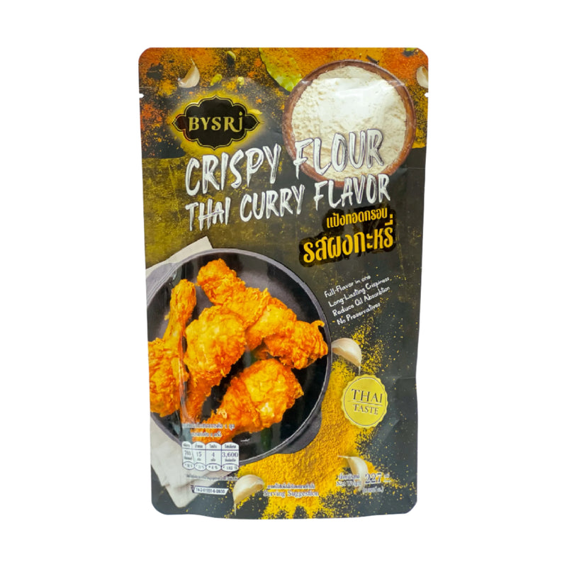 A package of BYSRI Crispy Flour Thai Curry Flavor, featuring vibrant packaging with Thai-inspired design and bold lettering