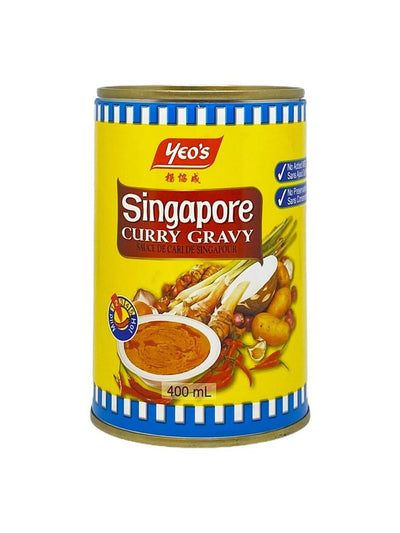 Yellow can of Yeo's Singapore Curry Gravy Sauce with a graphic on the label showing the sauce in a bowl surrounded by lemongrass, red chili peppers, galangal, turmeric, potatoes, garlic, and shallots