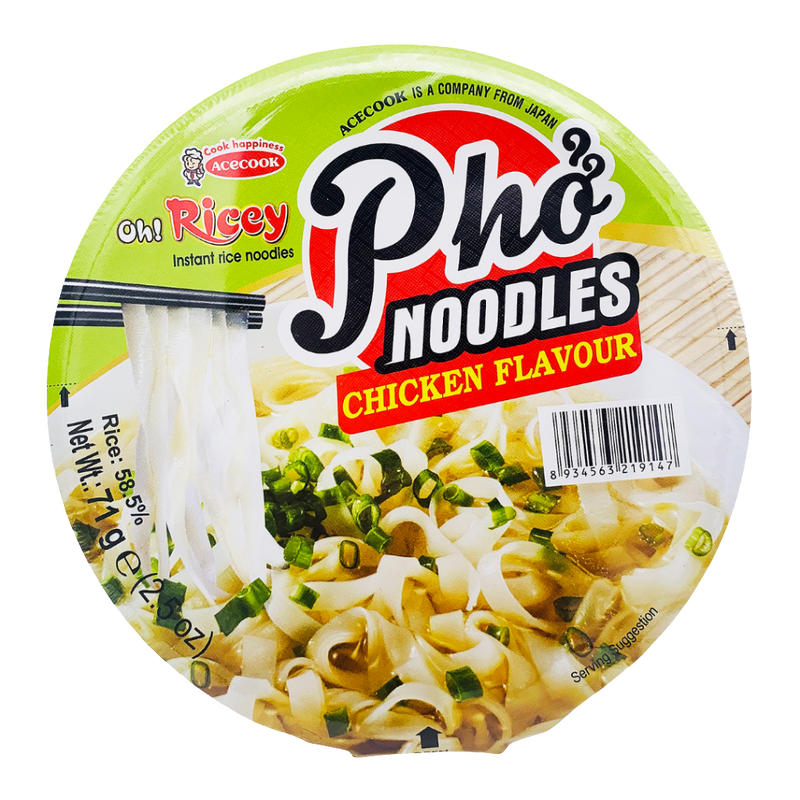 Acecook Oh! Ricey Pho Noodles Chicken Flavor, 2.5 oz bowl style, top view, Vietnamese Cuisine | SouthEATS