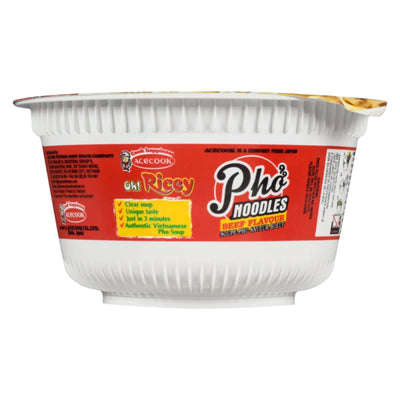 Acecook Oh! Ricey Pho Noodles Beef Flavor, 71 grams Bowl Style, side view, Vietnamese | SouthEATS